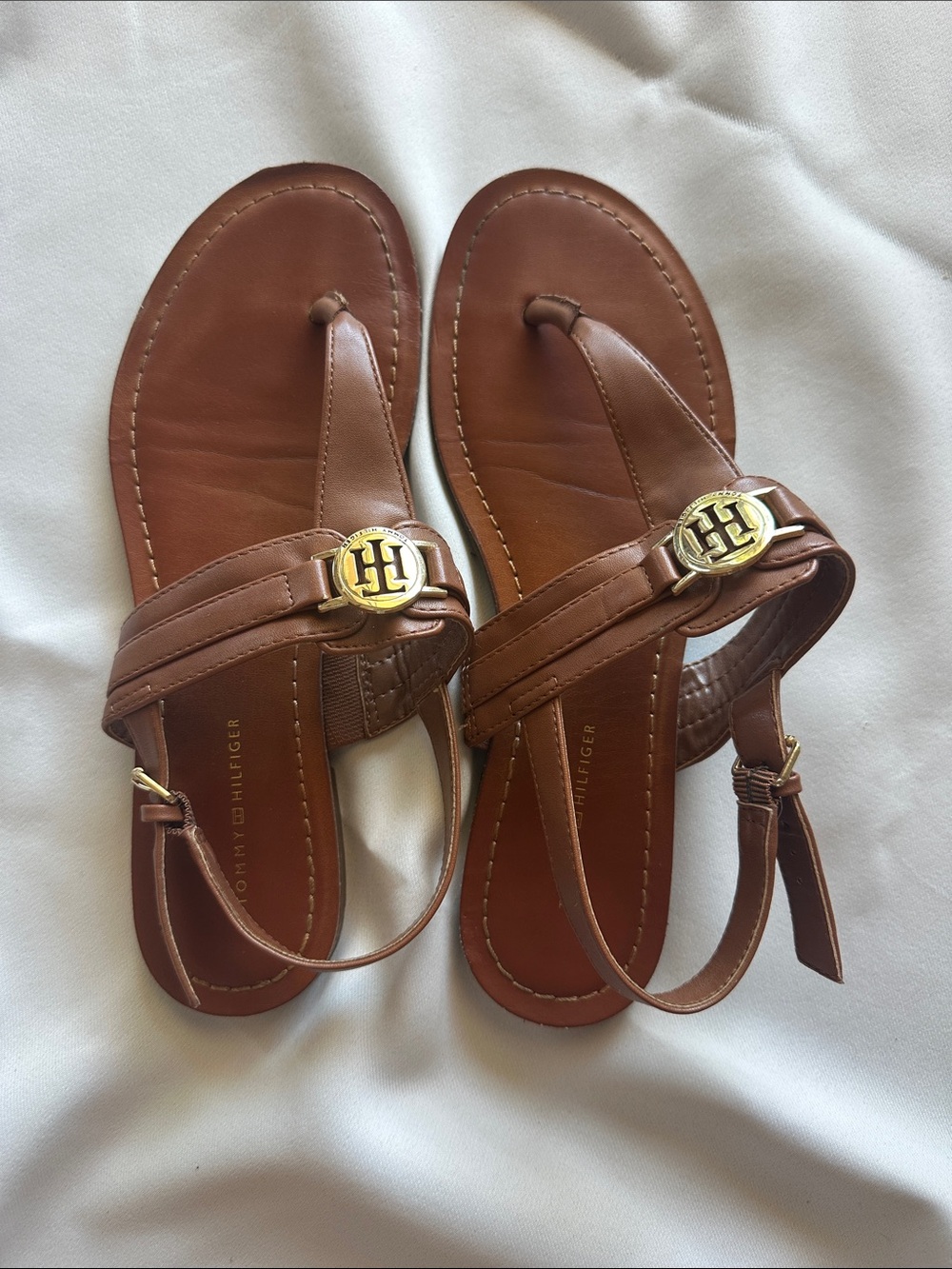 Tommy Hilfiger Brown Leather Thong Sandals with Gold Logo Medallions